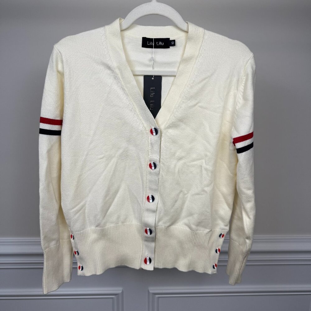 LiLu LiLu, Size 10, White Cardigan with Red and Black Striped Sleeve Detailing.